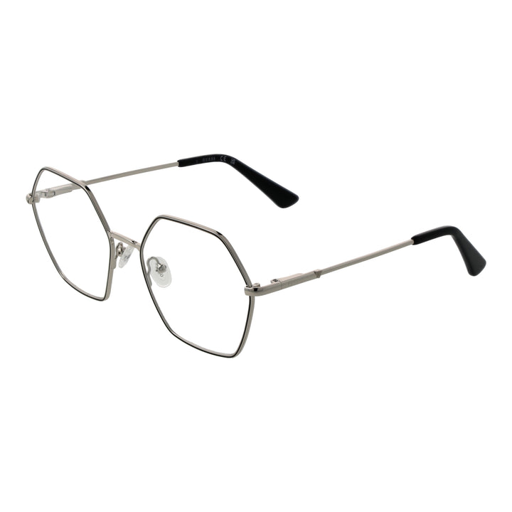 Unisex silver hexagonal metal eyeglasses with thin temples and black temple tips on white background