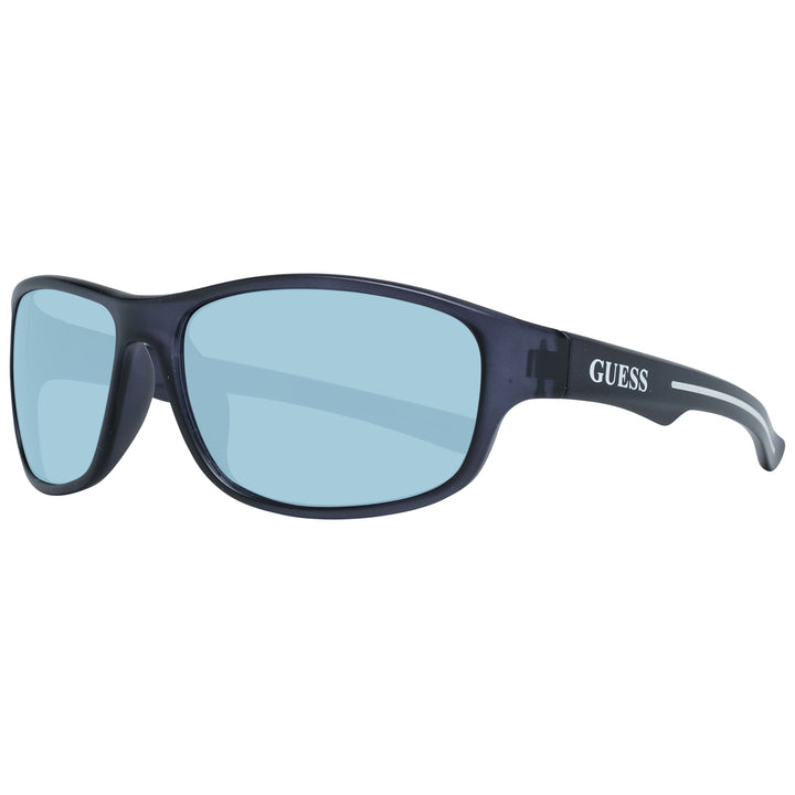 Black plastic rectangular sunglasses with light-blue lenses and curved temples showing temple logo