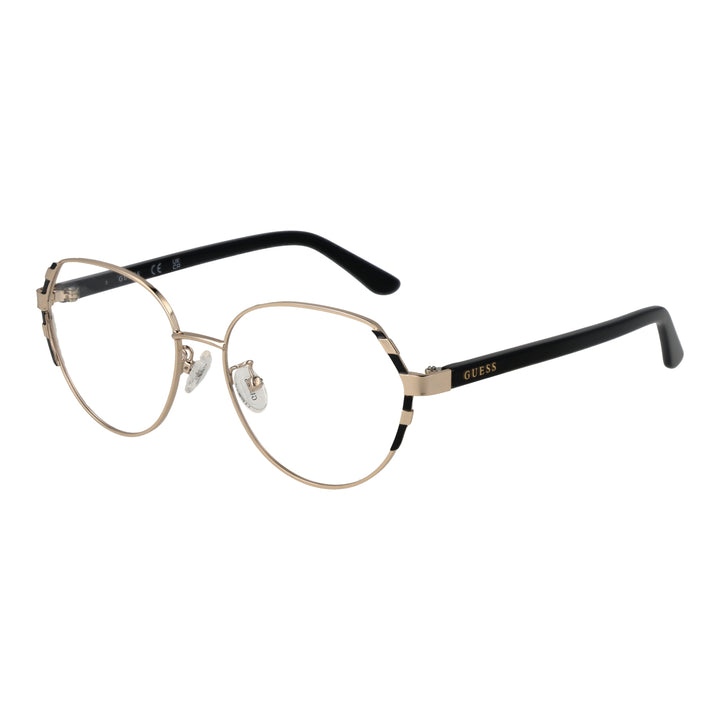 Gold thin metal round eyeglasses with black plastic temple tips on neutral background, front view
