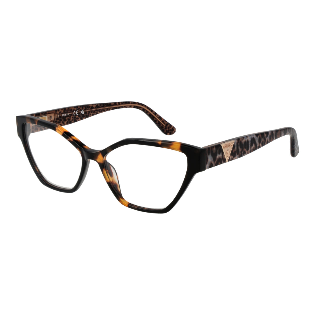 Tortoise shell cat-eye eyeglasses for Women, plastic frame, patterned brown and amber temples, metal logo detail
