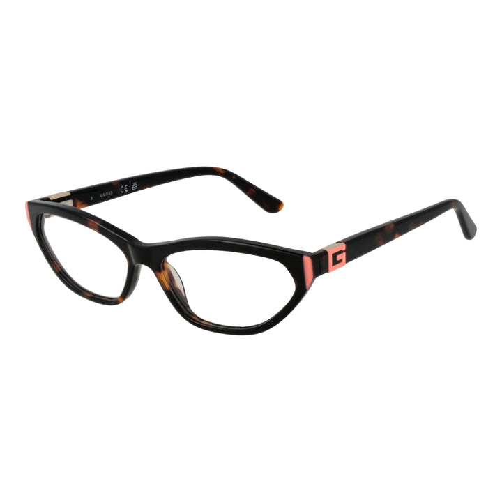 Tortoise cat-eye eyeglasses in black and pink plastic with logo-detail temples, front three-quarter view