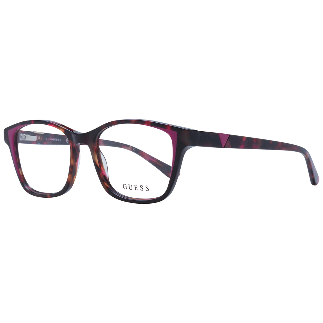 Tortoise shell rectangular full-rim eyeglasses with pink accents on plastic frame, front three-quarter view