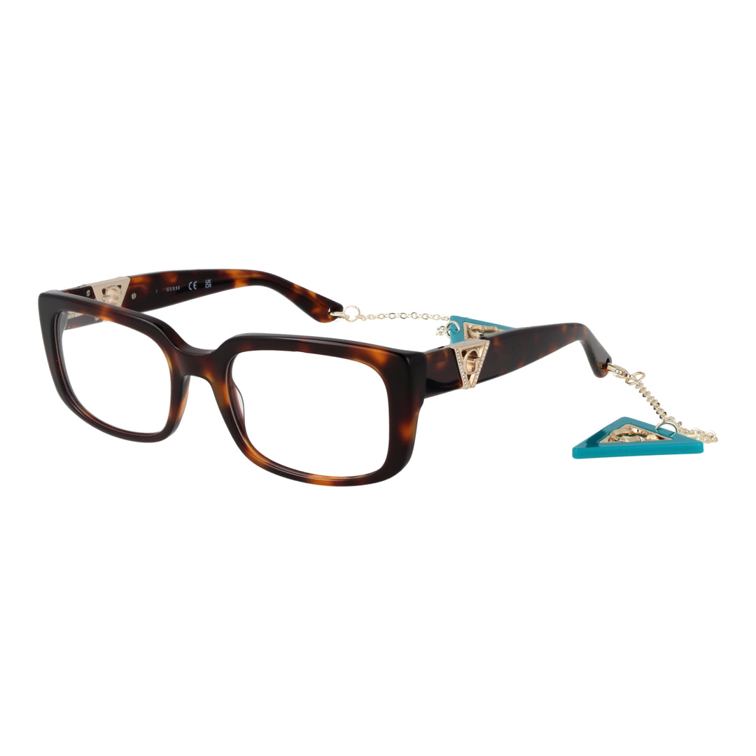 Tortoise brown rectangular eyeglasses with gold temples and teal triangular charm on chain