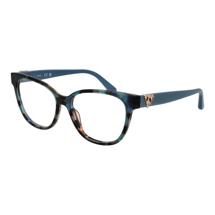 Blue tortoiseshell cat-eye eyeglasses with gold emblem on temples, plastic full-rim frame for Women