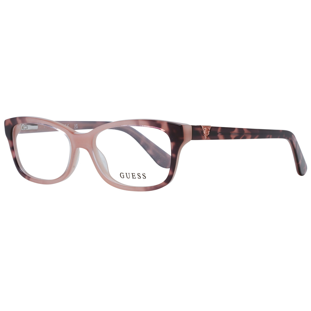 Pink and tortoiseshell full-rim rectangular eyeglasses with logo temples on neutral background