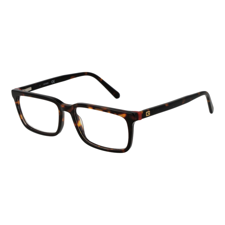 Unisex tortoiseshell rectangular eyeglasses in brown and black pattern, gold logo on temples, full-rim plastic frame.