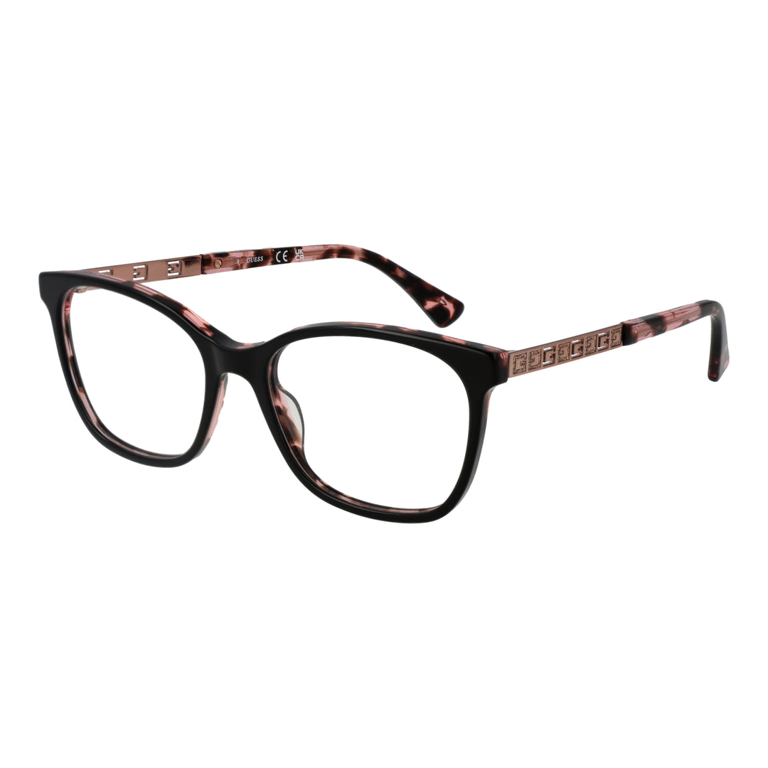 Black and pink tortoiseshell square eyeglasses with metal temple accents, modern fashion-forward style for Women