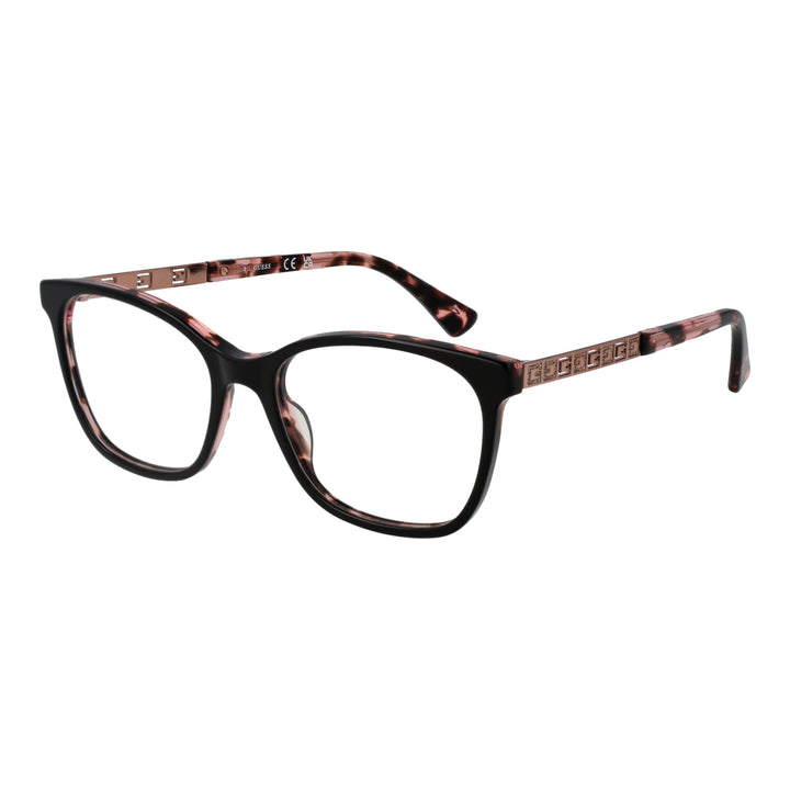 Black and pink tortoiseshell square eyeglasses with metal temple accents, modern fashion-forward style for Women