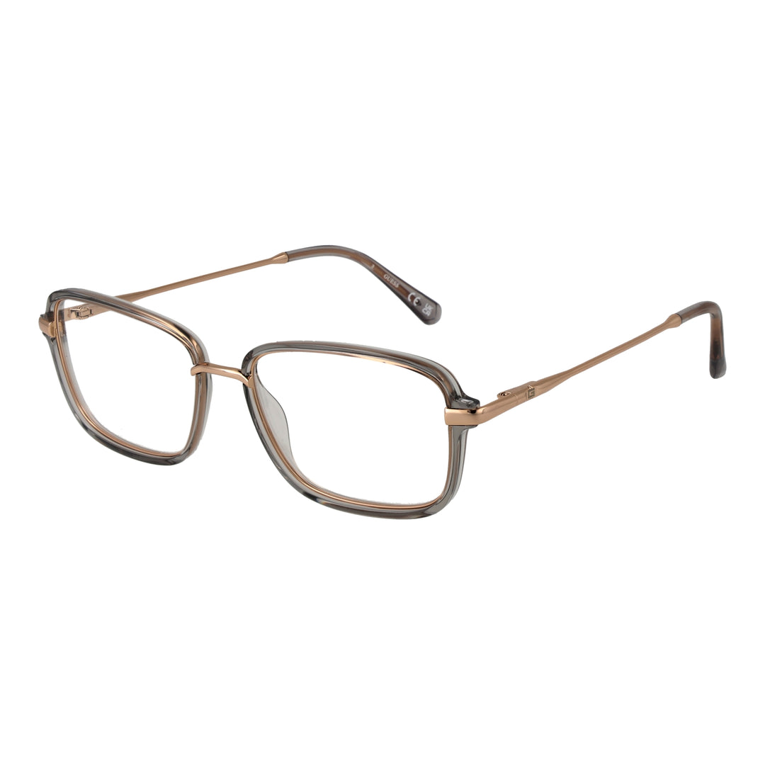 Transparent rectangular eyeglasses with clear front and thin gold metal temples on white background