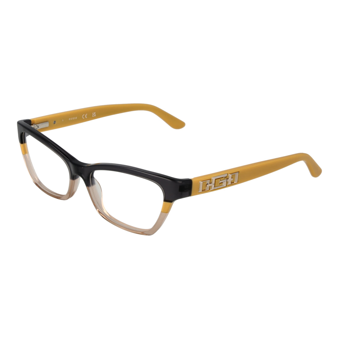 Black and yellow two-tone rectangular eyeglasses with metal logo temples on white background for Women