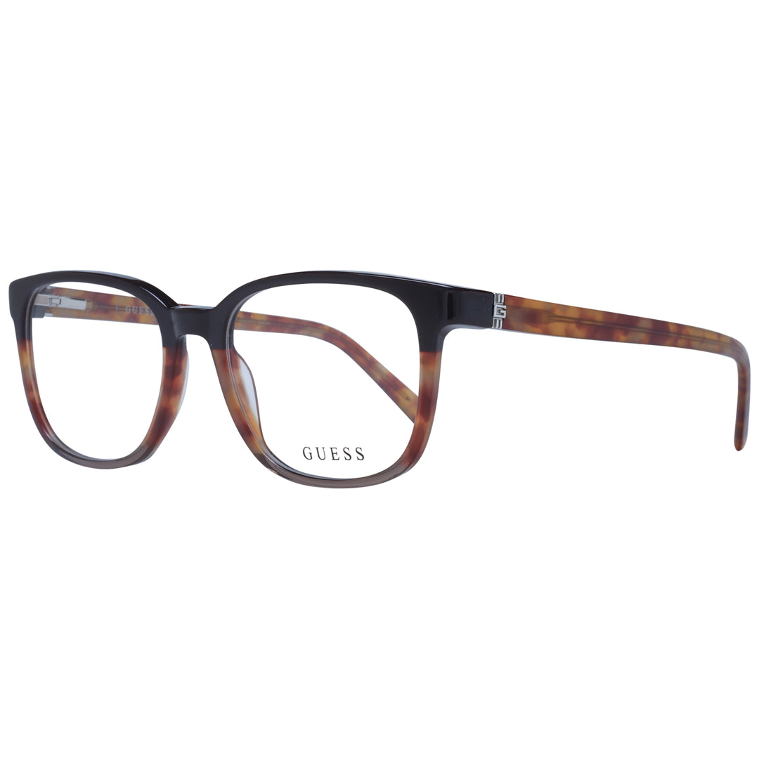 Unisex two-tone black and tortoiseshell rectangular eyeglasses in plastic with metal hinge detail on neutral background