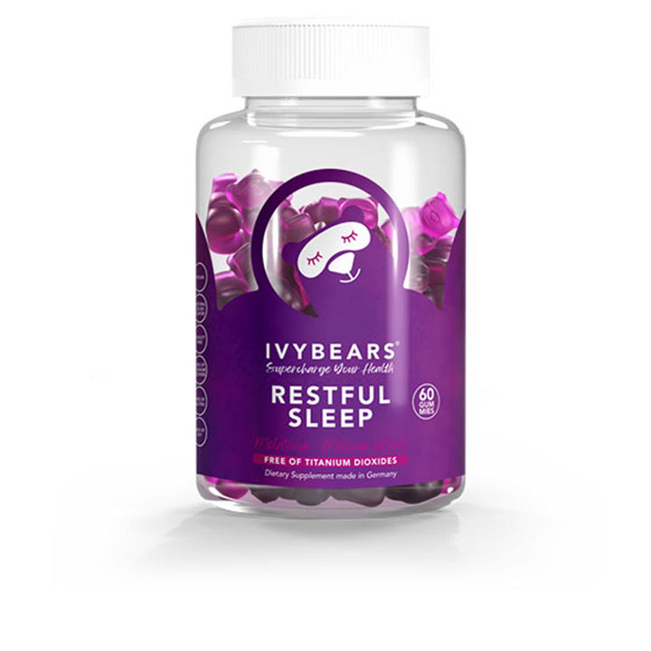 Jar of 60 fruit vegan sleep gummies, labelled Melissa, L‑theanine, melatonin