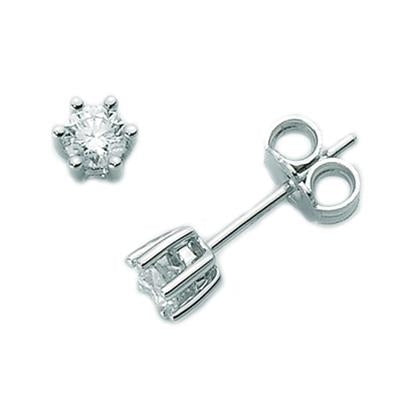 Pair of white gold stud earrings each with a single round clear diamond in four-prong setting, butterfly backs visible