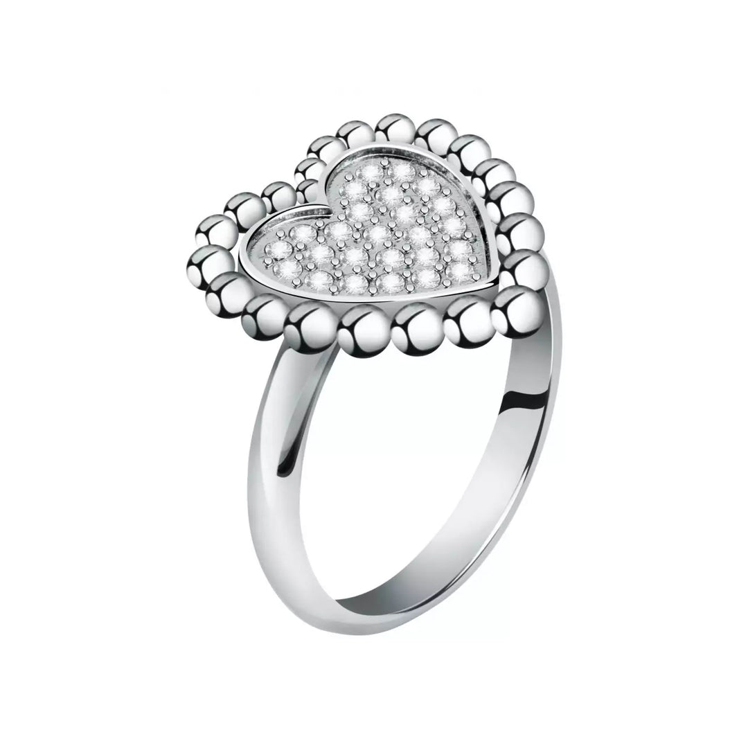 Silver heart-shaped ring encrusted with clear crystals on polished stainless steel band in box