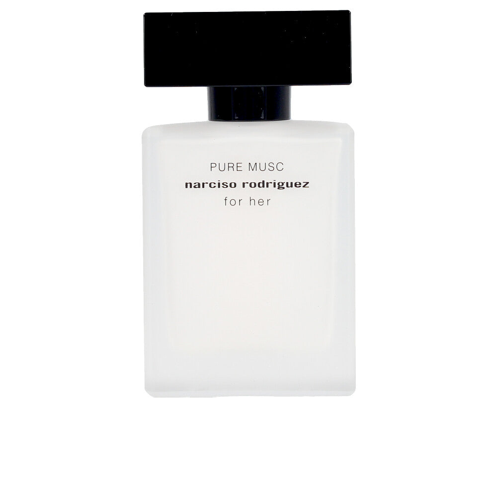 White 100 ml eau de parfum bottle with minimalist black lettering, floral–woody fragrance