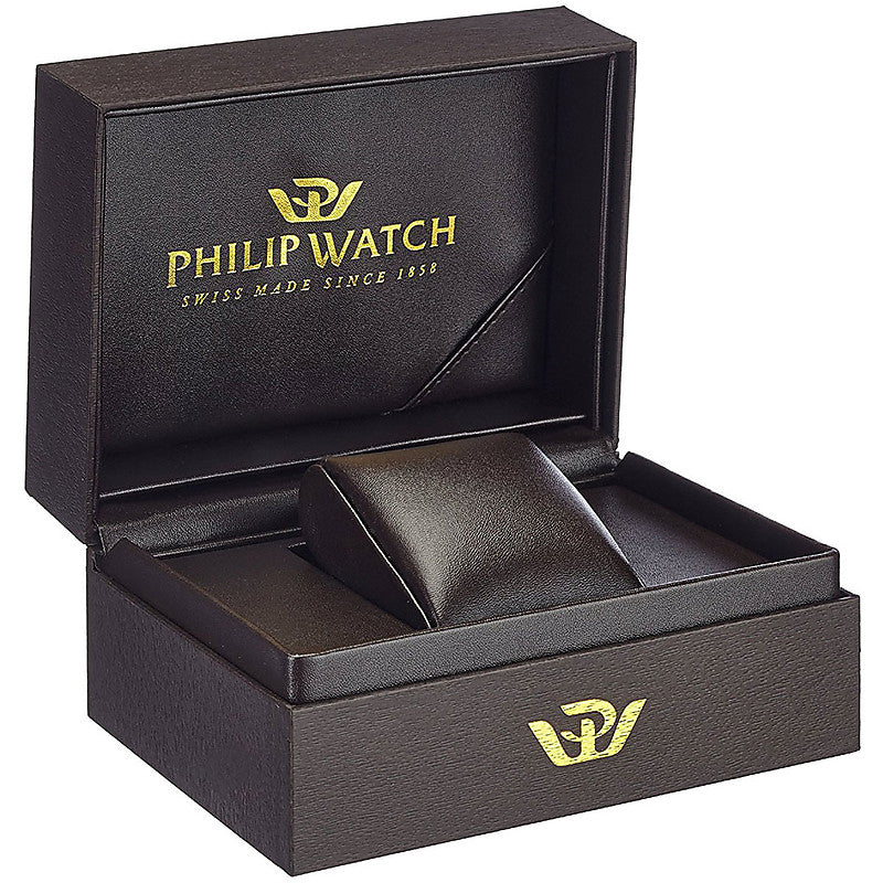 Silver stainless steel Day‑Date watch with black accents on a silver dial and metal bracelet