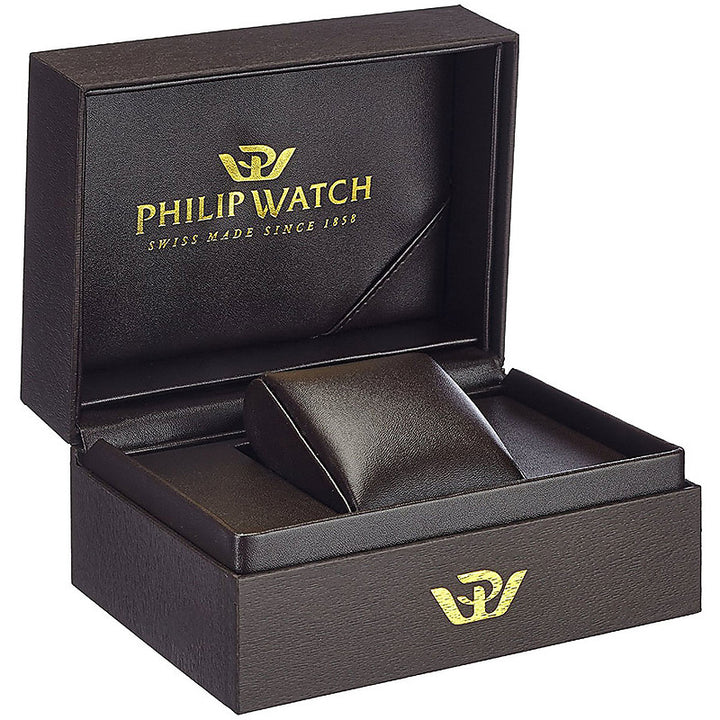 Black leather strap watch with silver dial and stainless steel case on neutral background, date display visible.