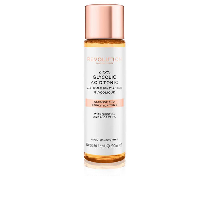 Clear 200 ml bottle of 2.5% glycolic acid exfoliating tonic, vegan cruetly-free