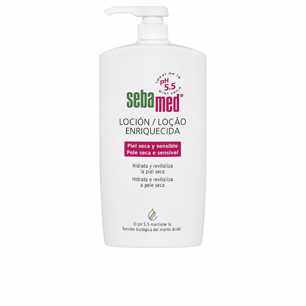 1-litre pump bottle of rich body lotion with shea and jojoba, for dry sensitive skin