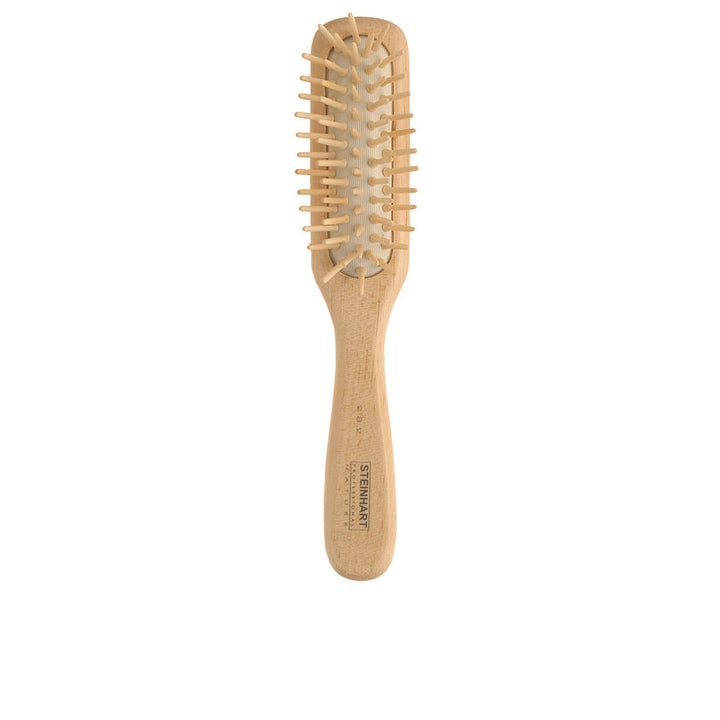 Compact flat maple wood hairbrush with latex cushion and rounded wooden pins, 215 mm