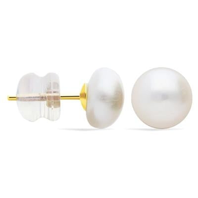 Pair of white round pearl stud earrings on gold-tone posts with butterfly backs on white background