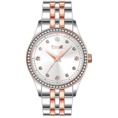 Silver dial wristwatch with rose gold case and rhinestone bezel, elegant fashion watch for Women