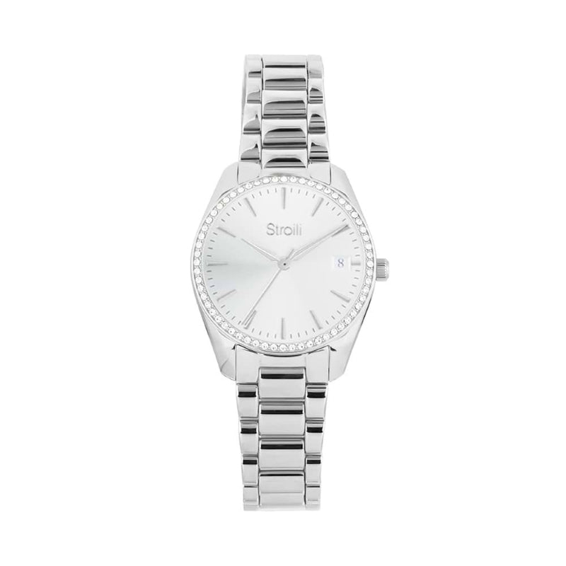 Stroili Silver Crystal Dress Watch: women's watch with crystal bezel, date display, polished case