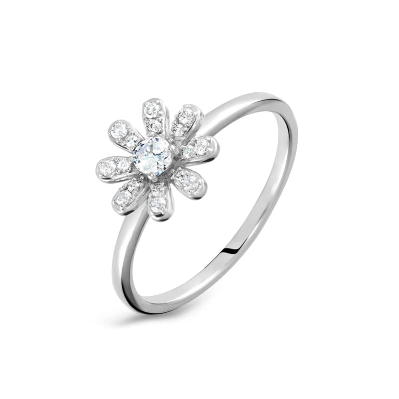 Stroili Silver Floral Ring: flower-shaped ring for women with multiple small embedded stones and polished petals