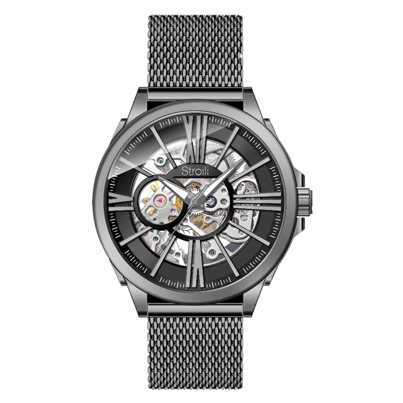 Stroili Silver Skeleton Watch: watch with black skeleton dial, Roman numerals, and stainless steel mesh strap