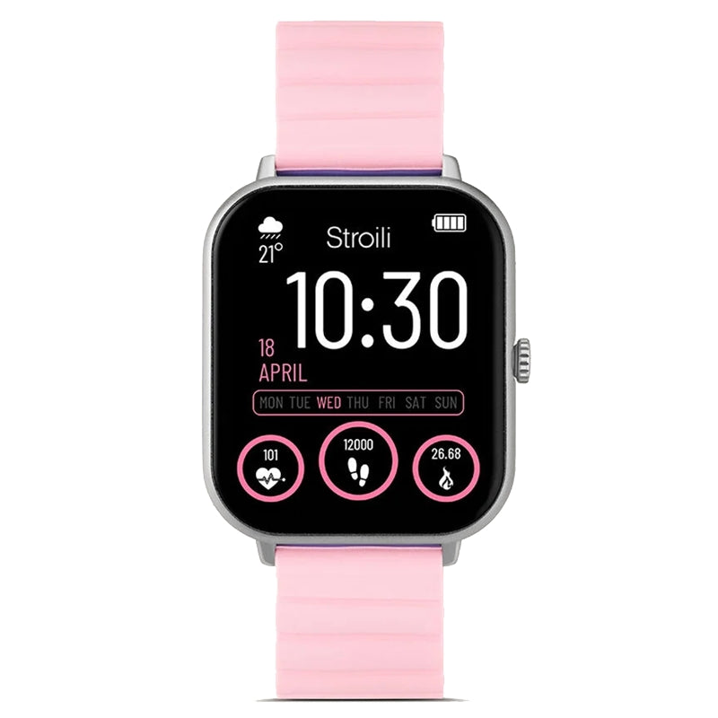 Stroili Silver Smartwatch: silver-cased smartwatch with pink silicone strap showing digital display and heart-rate readout