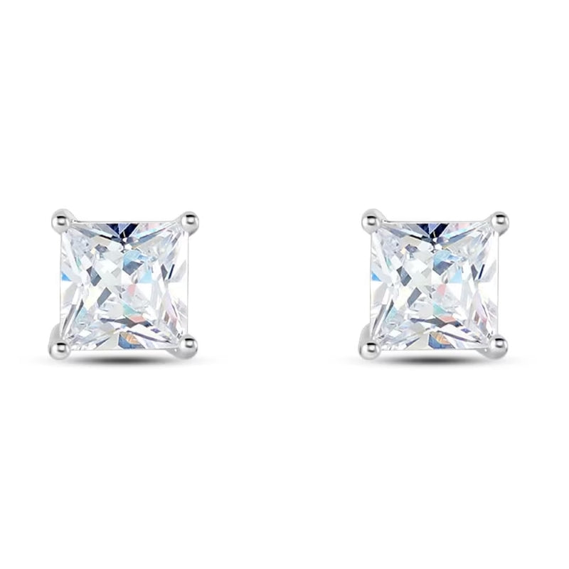 Stroili Silver Square Stud Earrings: close-up of silver stud earrings with square clear gemstones in four-prong settings