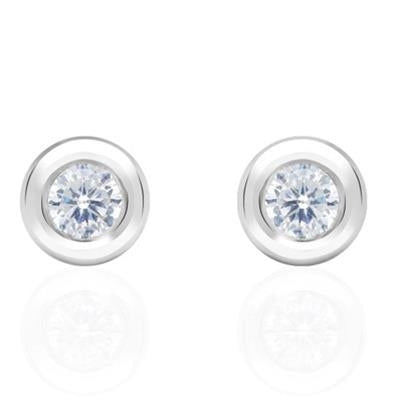 Pair of silver round stud earrings each set with a single clear gemstone on reflective metal