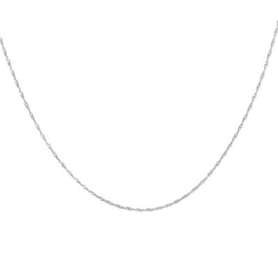 Thin silver twisted chain necklace on neutral background, delicate metal links visible, sitting at collarbone
