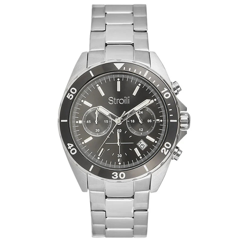 Stroili Stainless Steel Chronograph: silver stainless steel wristwatch with black analog chronograph dial and date display